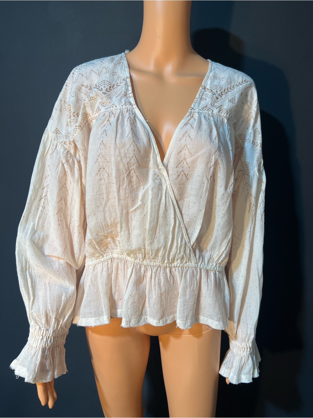 Free People Cream Lace Yoke Peplum Wrap Blouse - Picture 3 of 9